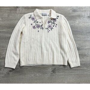 Alfred Dunner Sweater Petite XL Cream Floral Embroidered 1/4. Zip Cottage